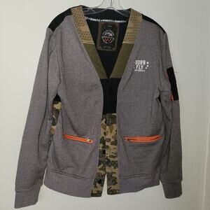 y2k Rare Born Fly Mens Gray Patchwork Streetwear Camo Collegiate Cardigan Large